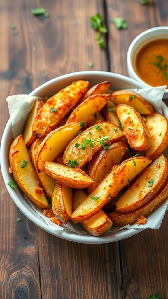 Crispy air fryer potatoes in a bowl, garnished with herbs on a rustic table with dipping sauce.